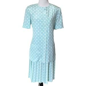 80s Polka Dot Pleated Skirt Two Piece Vintage Mint Pastel Retro Leslie Fay Set